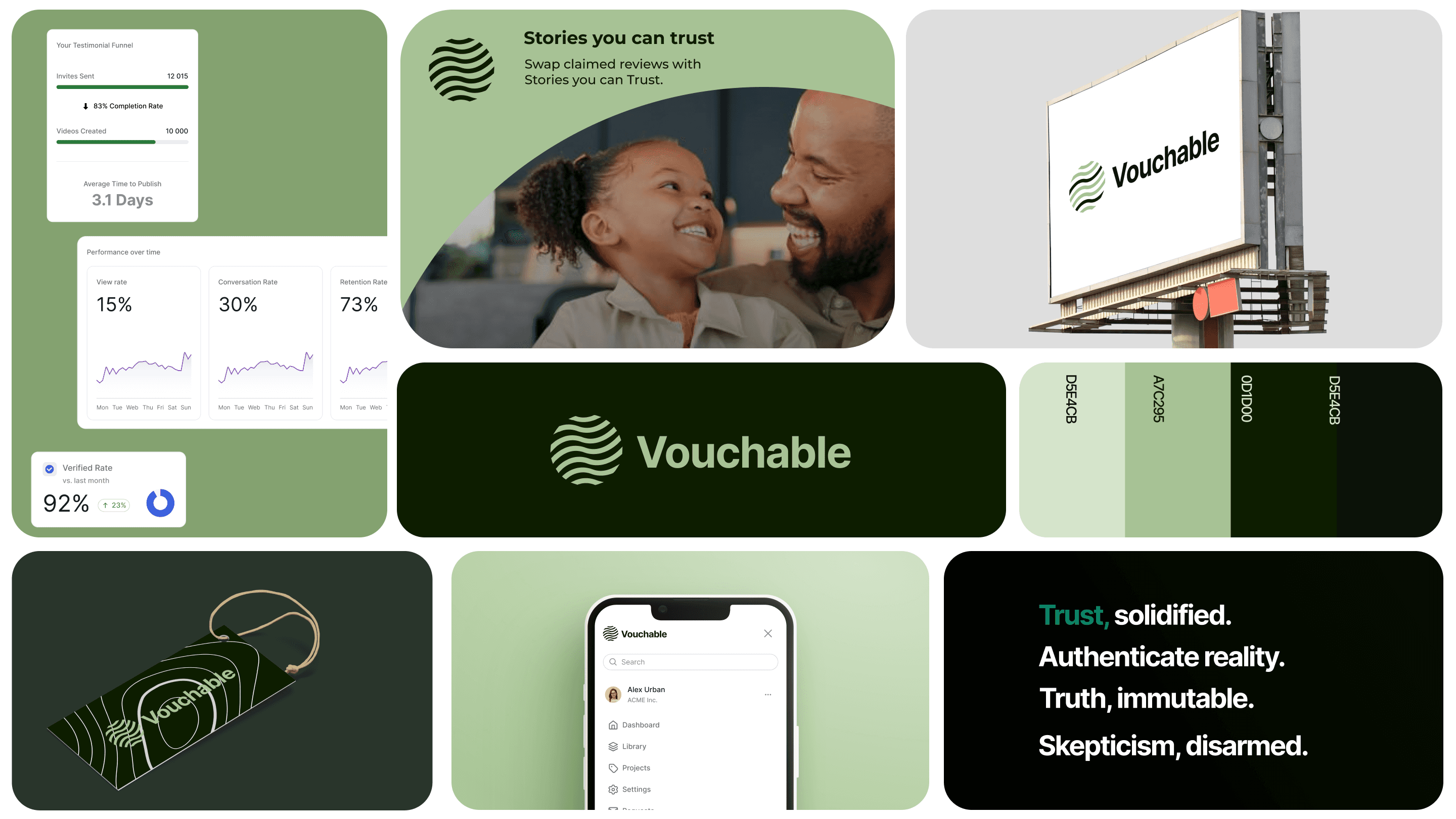 Vouchable — product hero, testimonial card rendered at scale